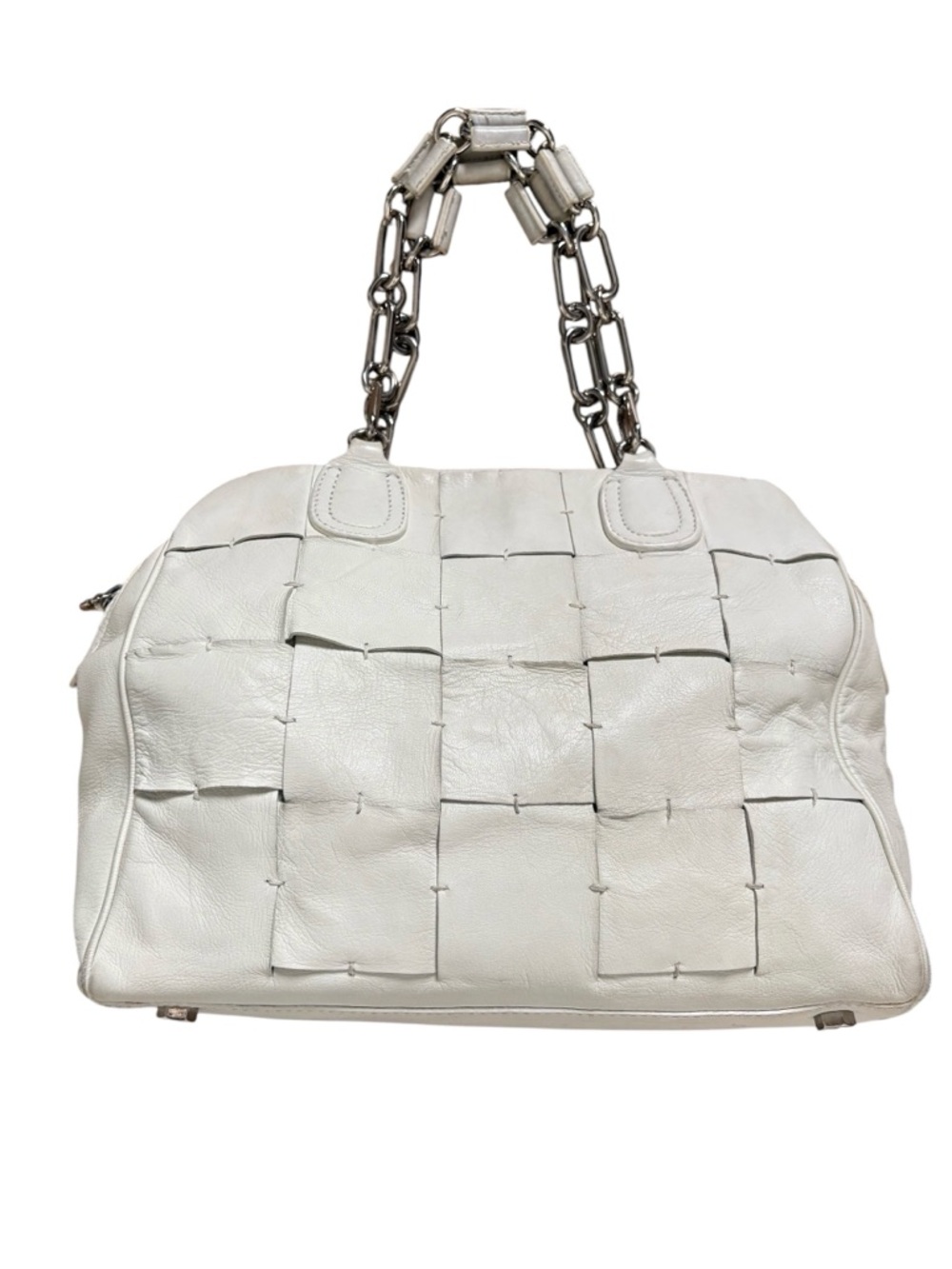 VTG Pollini Italy White Woven Leather Satchel  Silver Industrial Chain Handle